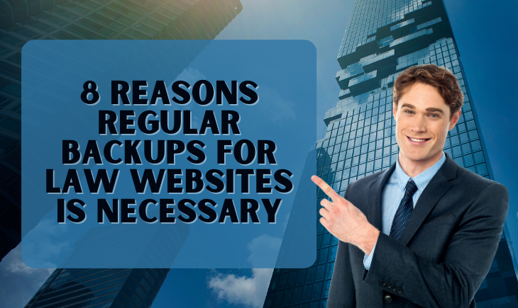 There is a man in business attire pointing to his left at the title of the article, "8 Reasons Regular Backups for Websites is Necessary."