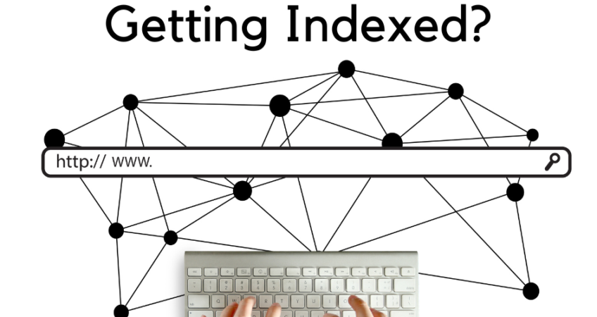 A picture of an address bar with https://www. A pair of hands typing on a keyboard on the bottom. The title of the article, "Why Isn't My Website Getting Indexed?" is written on top.