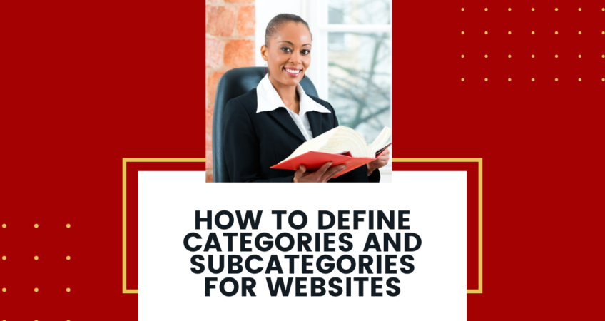 There is a woman in business attire holding up a large, red book. Below her in a white square is the title of the article, "How to Define Categories and Subcategories for Websites."